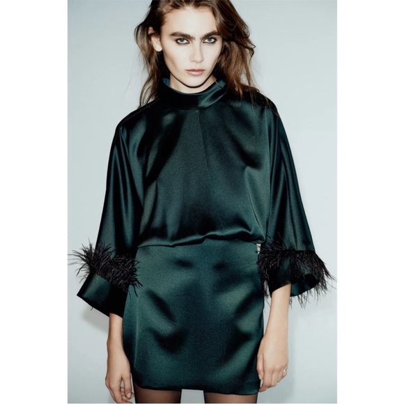 Zara Dresses & Skirts - Zara Satin Emerald Green Feather Cuff Mini Dress
